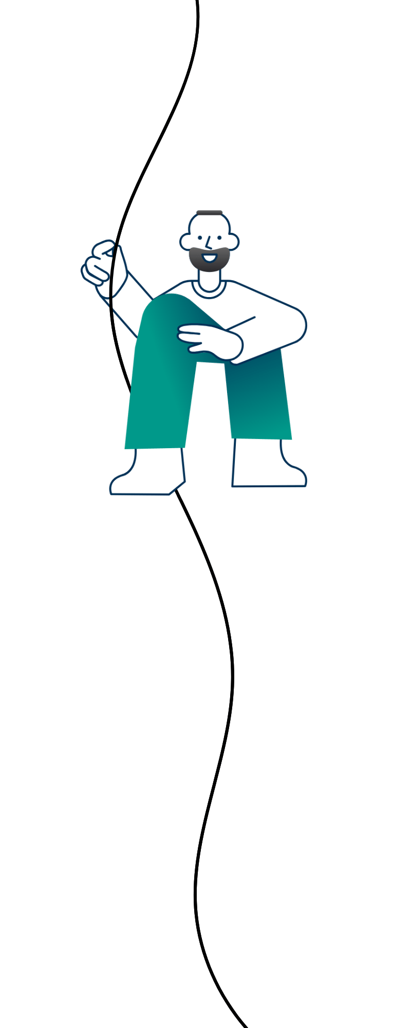Das Bild zeigt eine freundliche, stilisierte Illustration einer männlichen Figur im Comic-Stil. Die Person sitzt in entspannter Haltung mit angewinkelten Beinen, hält ein dunkelblaues Kabel in der Hand und lächelt. Das Kabel verläuft schwungvoll nach oben durch das gesamte Bild und bildet eine Art Verbindung oder Leitlinie. Die Figur trägt ein weißes Oberteil und grün-blaue Hosen, der Stil ist reduziert und modern, mit klaren Linien und dezenten Farbverläufen. Der Bart und die Frisur verleihen der Figur ein sympathisches, zugängliches Aussehen. Die Illustration repräsentiert einen IT-Dienstleister und symbolisiert kompetente Unterstützung für Unternehmen durch klare Verbindungen und persönliche Betreuung.