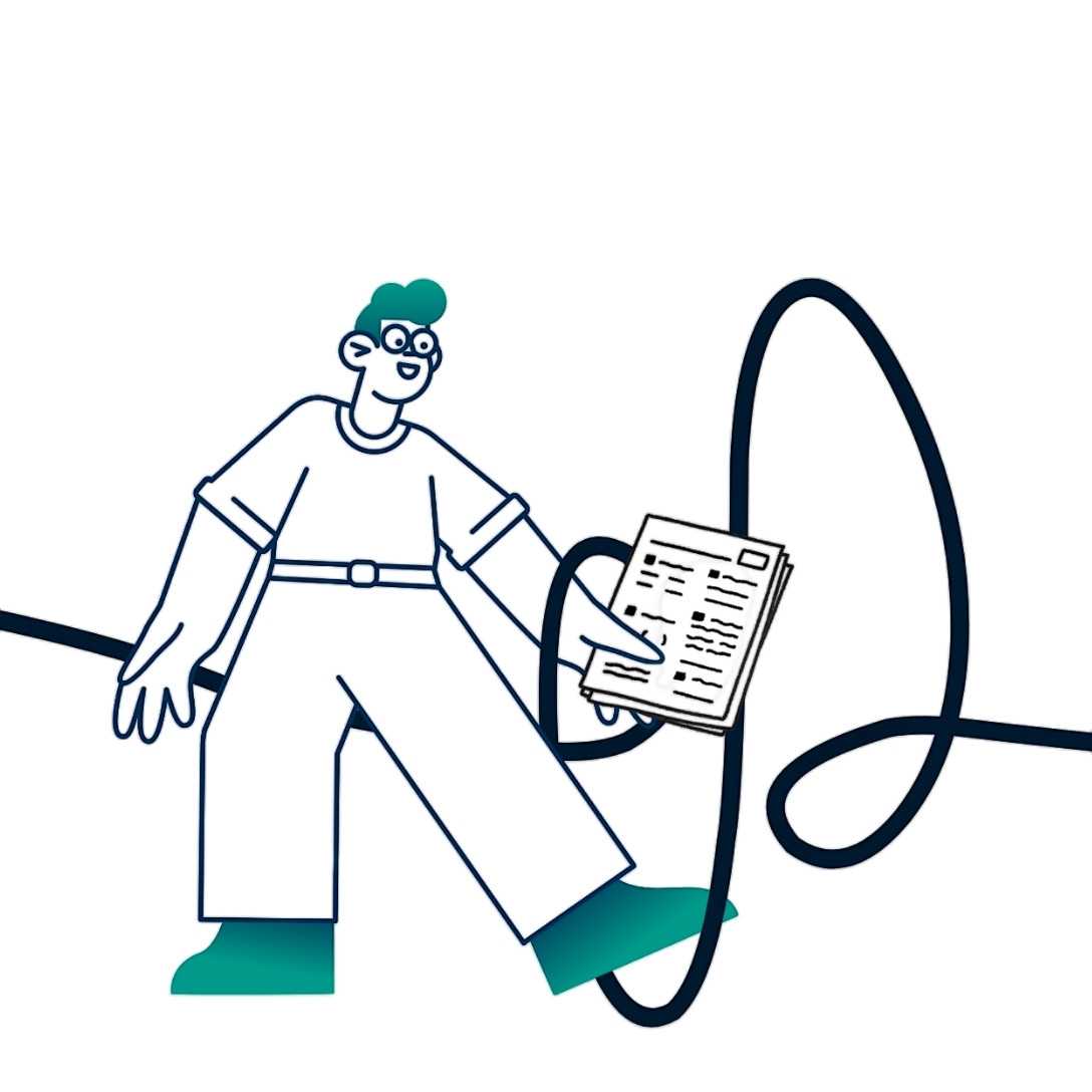 Illustration einer Person mit grünem Haar und Brille, die ein Dokument in der Hand hält. Ein langes Kabel führt durch die Szene. Symbolisch für ein individuelles, modulares IT-Angebot von Ellipsys.