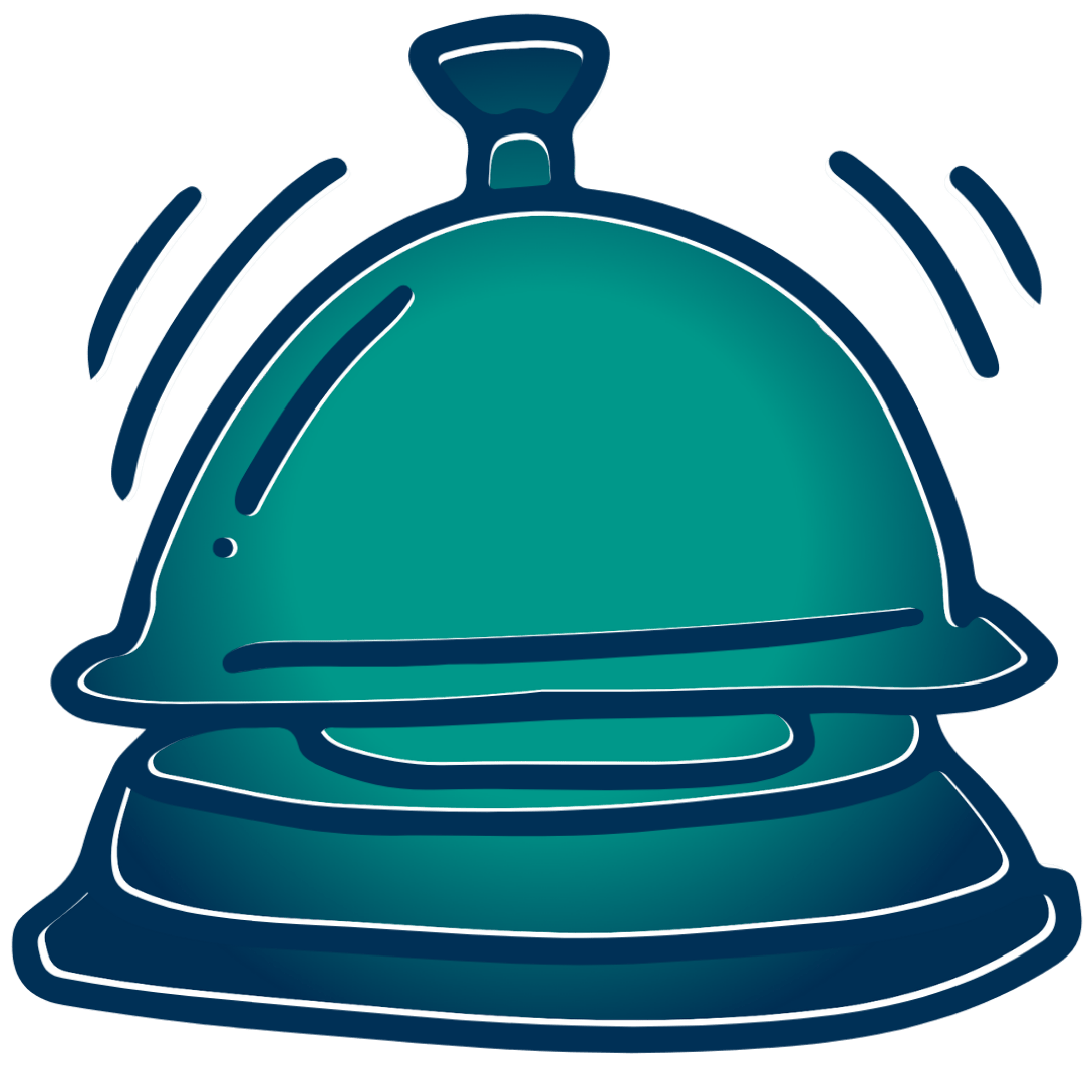 Illustration einer klingenden Hotelglocke in Türkis mit Bewegungslinien – Symbol für Service in der Hotellerie. Steht im Kontext der Ellipsys IT-Dienstleistungen für die Hospitality- und Tourismusbranche.