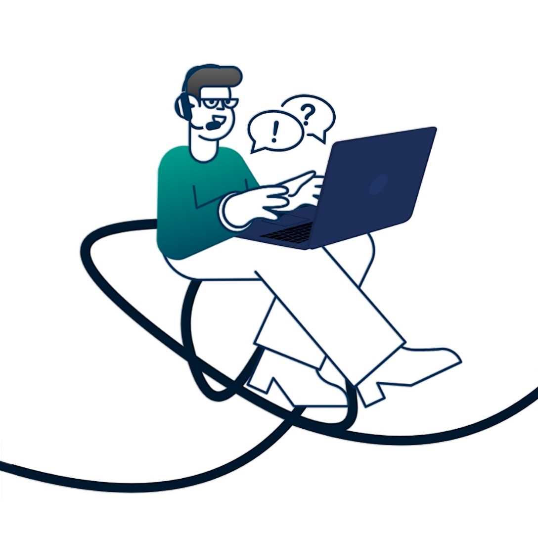 Illustration einer Person, Dirk von Ellipsys, sitzt mit Headset und Laptop, die technischen Support leistet. Sprechblasen mit Ausrufe- und Fragezeichen deuten auf Kommunikation und Problemlösung hin.