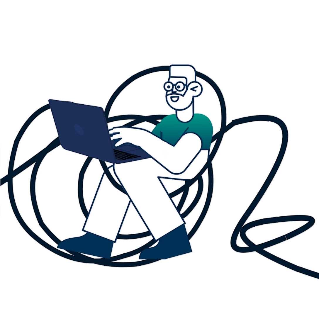 Illustration einer lächelnden Person mit Laptop auf dem Schoß, umgeben von einem langen, verschlungenen IT-Kabel – Symbol für kontinuierliche IT-Betreuung durch Ellipsys.