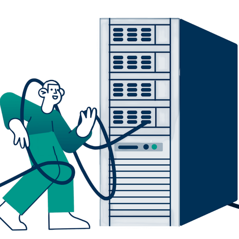 Illustration einer Person, die ein Netzwerkkabel mit einem großen Server verbindet. Symbolisiert IT-Infrastruktur, Netzwerktechnik und Serverlösungen.