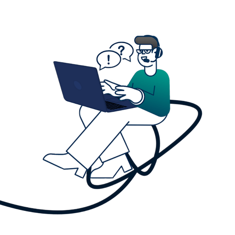 Illustration einer Person mit Headset, die an einem Laptop arbeitet. Zwei Sprechblasen mit Ausrufe- und Fragezeichen zeigen, dass ein Supportgespräch stattfindet. Symbol für IT-Support durch Ellipsys.