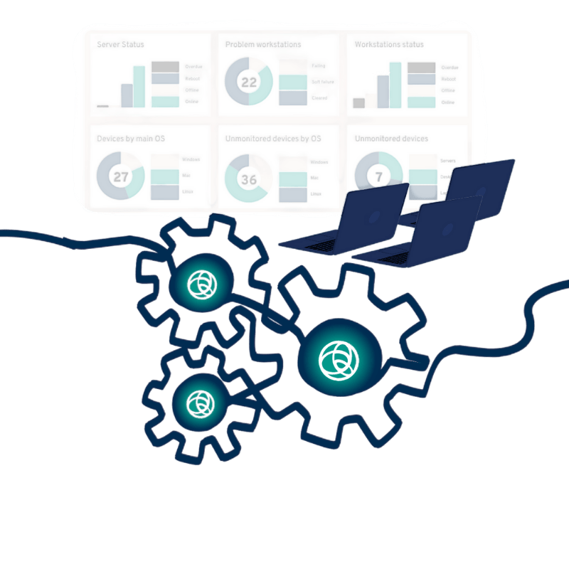 Illustration mit Zahnrädern, Monitoransicht mit IT-Daten und zwei Laptops, verbunden durch ein Kabel – symbolisiert vernetzte Prozesse und IT-Monitoring im Rahmen von Managed Services.