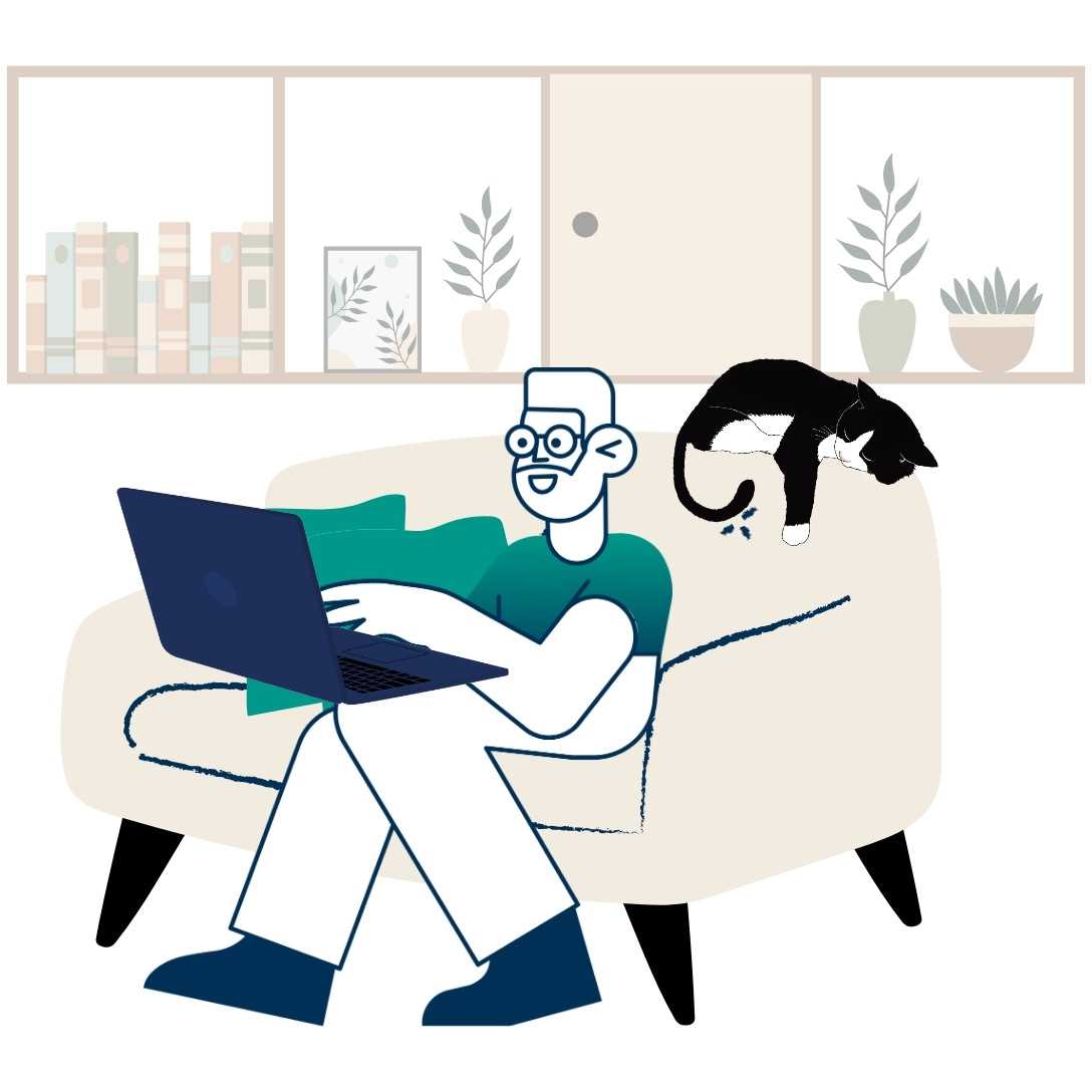 Illustration einer Person mit Laptop auf dem Sofa im Homeoffice, neben ihr liegt eine Katze – symbolisiert ortsunabhängiges, modernes Arbeiten mit den IT-Lösungen von Ellipsys.