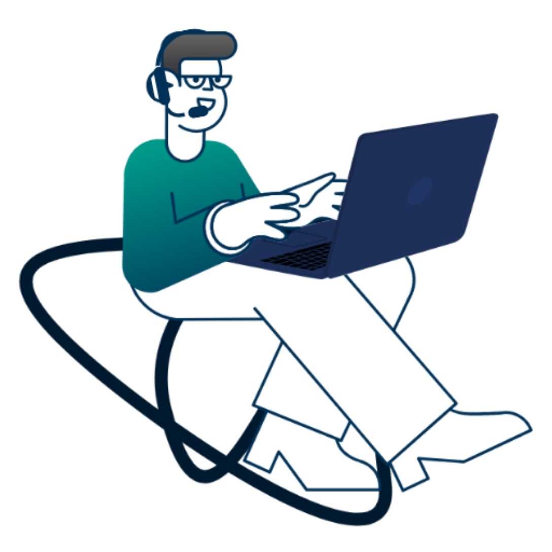 Die Illustration zeigt eine stilisierte Person mit Headset und Brille, die an einem Laptop arbeitet. Die Figur sitzt auf einer grafischen Linie, die eine dynamische Bewegung andeutet. Sie symbolisiert den persönlichen Support von Ellipsys als IT-Dienstleister aus Berlin – erreichbar, nahbar und professionell.